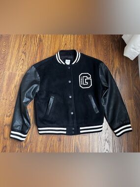 GAP Kids Black Jacket large White Stripe Trim letterman style coat